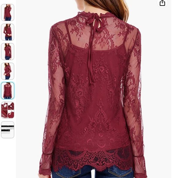 Burgundy Lace Long Sleeve Layered Blouse, XL - Picture 4 of 6